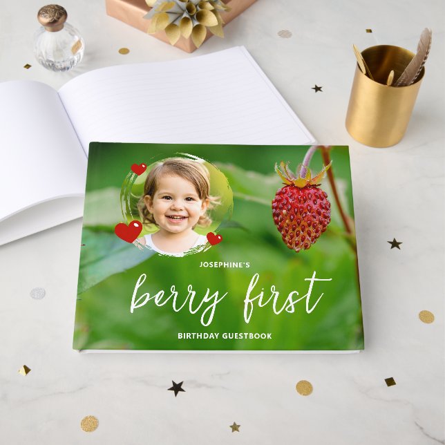 Livro De Visitas Strawberry Kid's Custom Photo Berry First Birthday (Frente aberta)