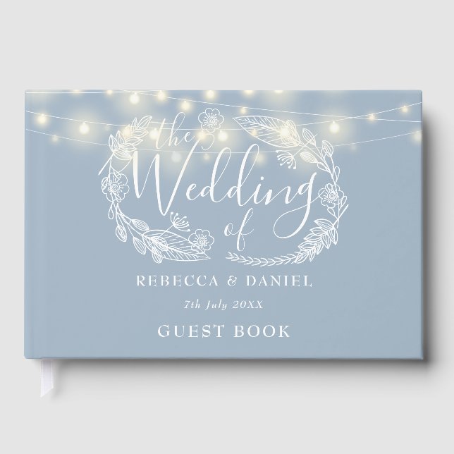 Livro De Visitas String Lights Floral Dusty Blue Weding (Frente)