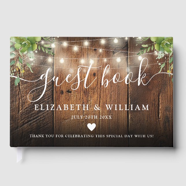 Livro De Visitas String Lights Rustic  Wood Greenery Wedding (Frente)