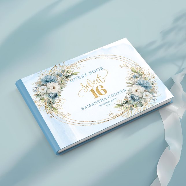 Livro De Visitas Stylish Dusty Blue Floral Gold Sweet 16th Guest  (Stylish Dusty Blue Floral Gold Sweet 16th Guest Book)