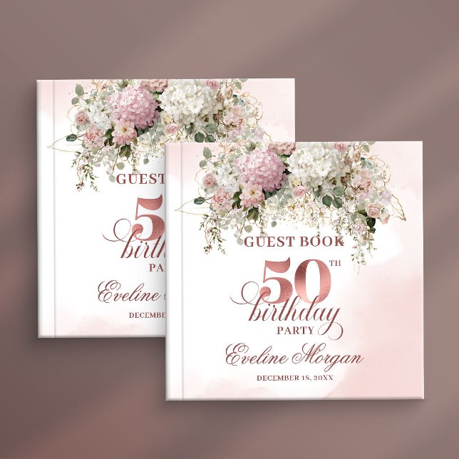 Livro De Visitas Stylish Rose Gold Blush Flowers 50th Birthday  (Stylish Rose Gold Blush Flowers 50th Birthday Party Guest Book

)