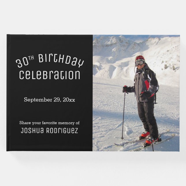 Livro De Visitas Sua Foto: Modern Black White aniversário de 30 ano (Frente)