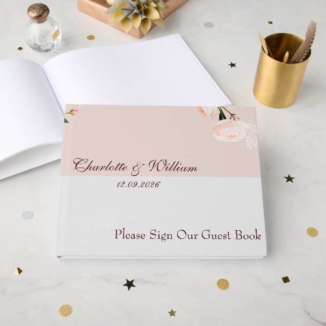 Livro De Visitas Suave púrpura e cinzas com flores (Frente aberta)