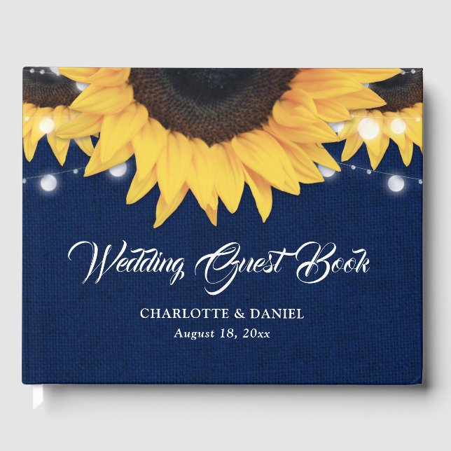 Livro De Visitas Sunflower Burlap String Lights Navy Blue Wedding (Frente)