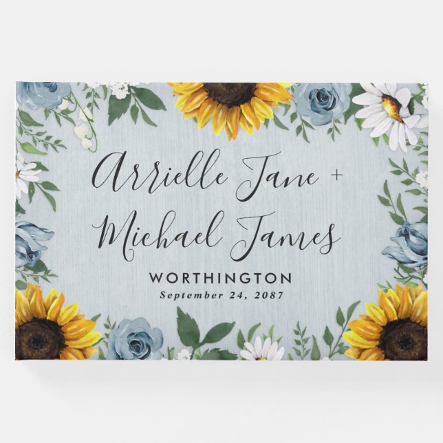 Livro De Visitas Sunflower Dusty Blue Country Rosa Rustic Casamento (Frente)