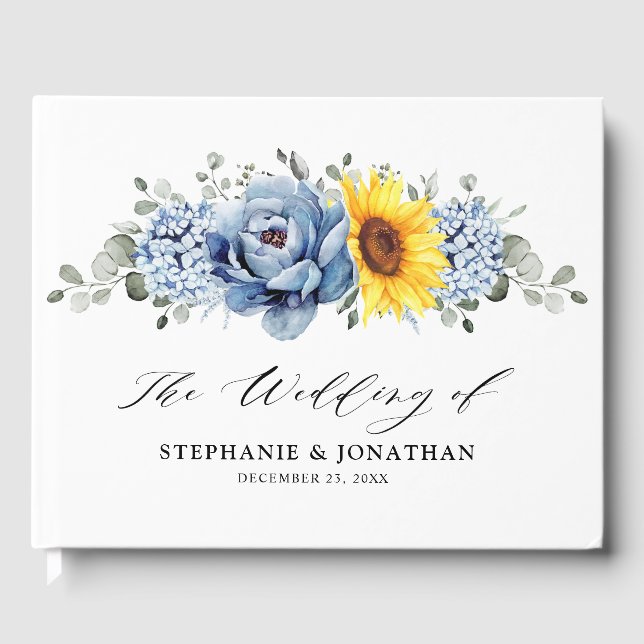 Livro De Visitas Sunflower Dusty Blue Slate Peony Casamento Floral (Frente)