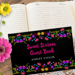 Livro De Visitas Sweet 16 Floral Pink e Flores Pretas Mexicanas