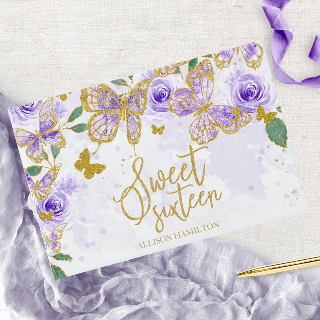 Livro De Visitas Sweet 16 Guest Book Dourado Purple Butterfly Flora (Criador carregado)