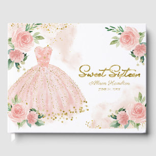 Livro de Visitas Sweet 16 Vestido Rosa Bege Floral