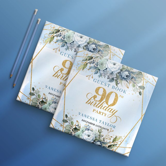 Livro De Visitas Sweet Dusty Blue Floral Frame 90Birthday Sign In (Sweet Dusty Blue Floral Frame 90th Birthday Sign In Guest Book

)