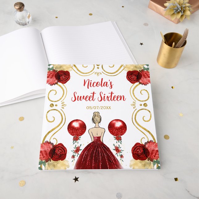 Livro De Visitas Sweet Sixteen Blonde Princess in Red (Frente aberta)