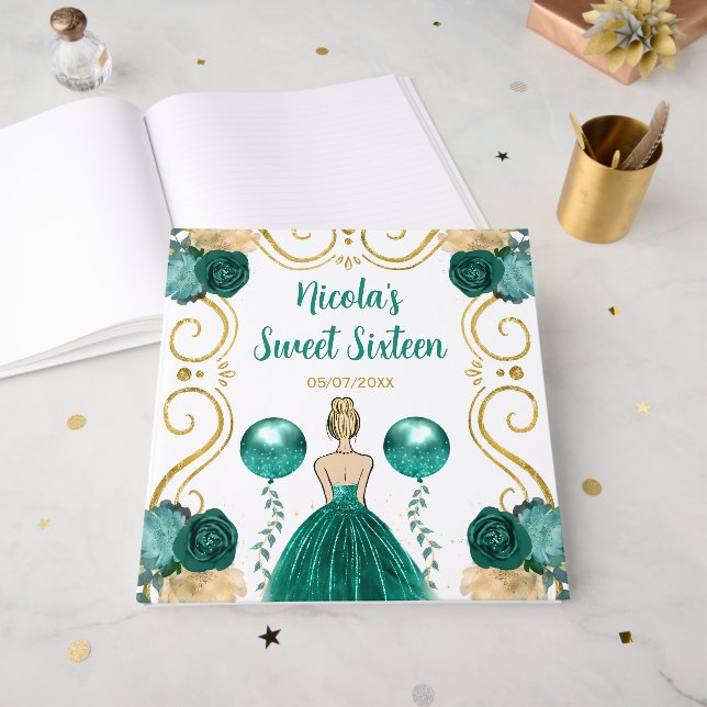 Livro De Visitas Sweet Sixteen Blonde Princess in Teal (Frente aberta)