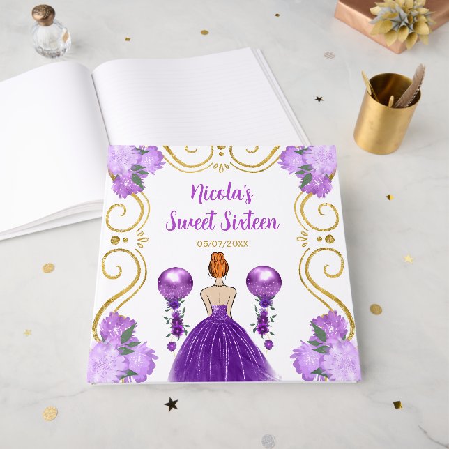 Livro De Visitas Sweet Sixteen Red Hair Princess in Purple (Frente aberta)