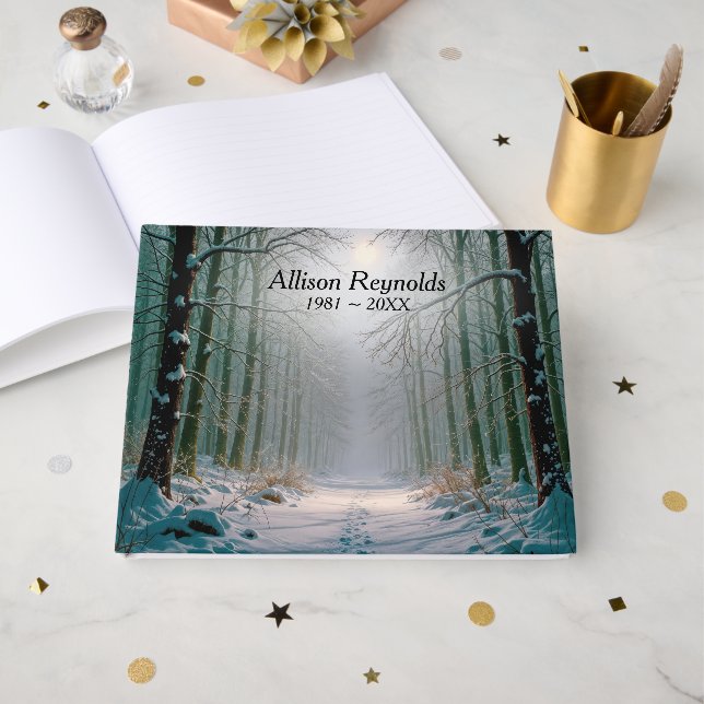 Livro De Visitas Sympathy Moonlight Footprints In a Snowy Forest (Frente aberta)