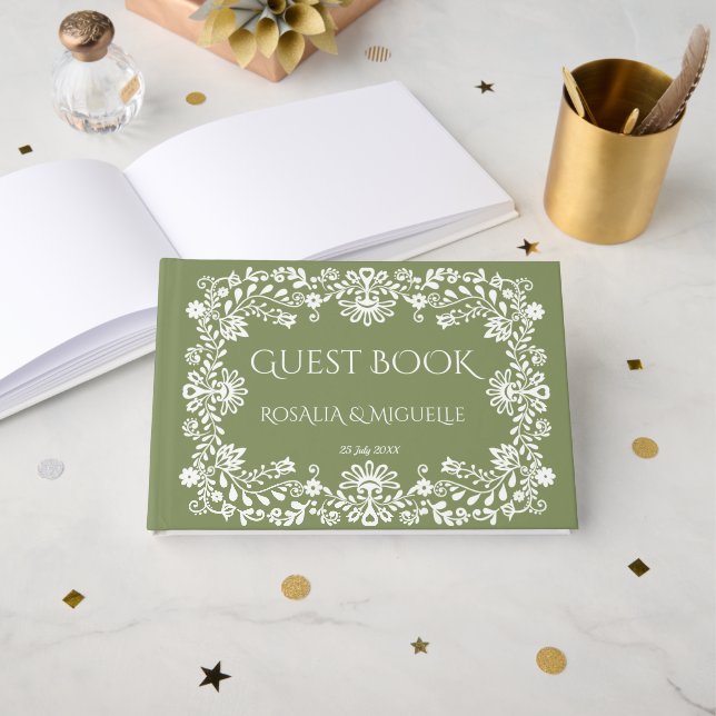 Livro De Visitas Talavera sage green Mexican wedding (Frente aberta)