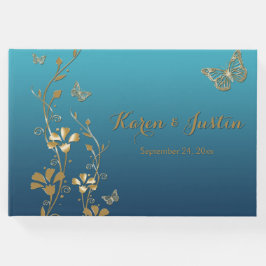 Livro De Visitas Teal, Dourado Floral, Borboletas Casando Guestbook