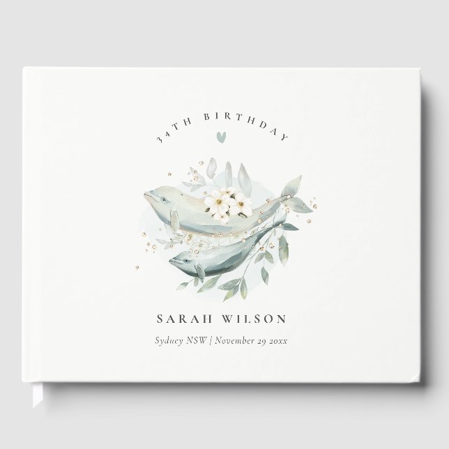 Livro De Visitas Teal Dourado Floral Peixe Subaquático Aniversário  (Frente)