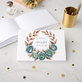 Livro De Visitas Teal Roses and Copper Leaves Wedding