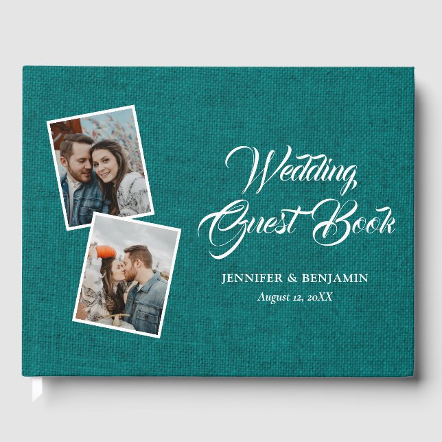 Livro De Visitas Teal Rustic Burlap Foto Guest Book (Frente)