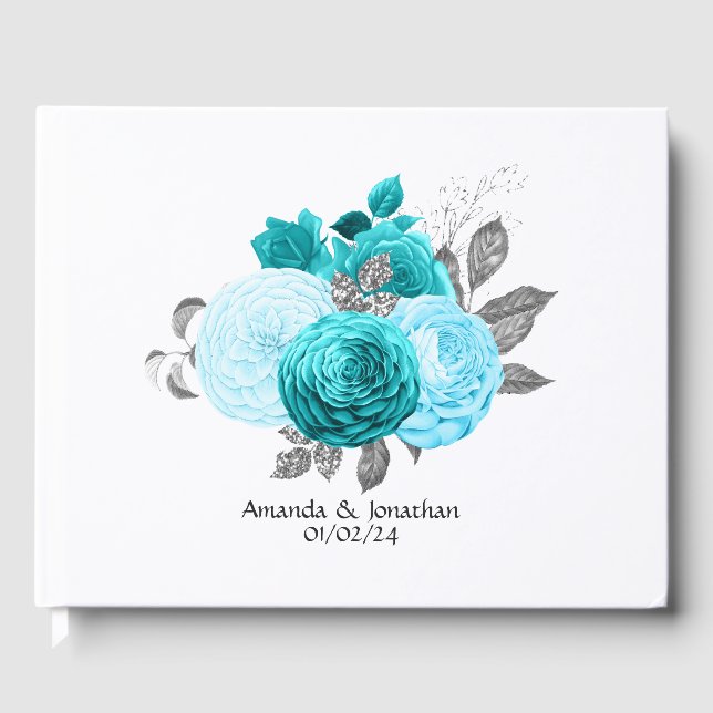 Livro De Visitas Teal - Turquesa e Casamento Floral de Prata (Frente)