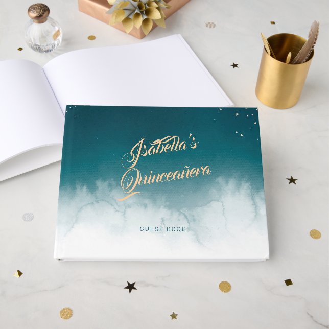 Livro De Visitas Teal Watercolor Ouro Splatter Quinceañera Party (Frente aberta)