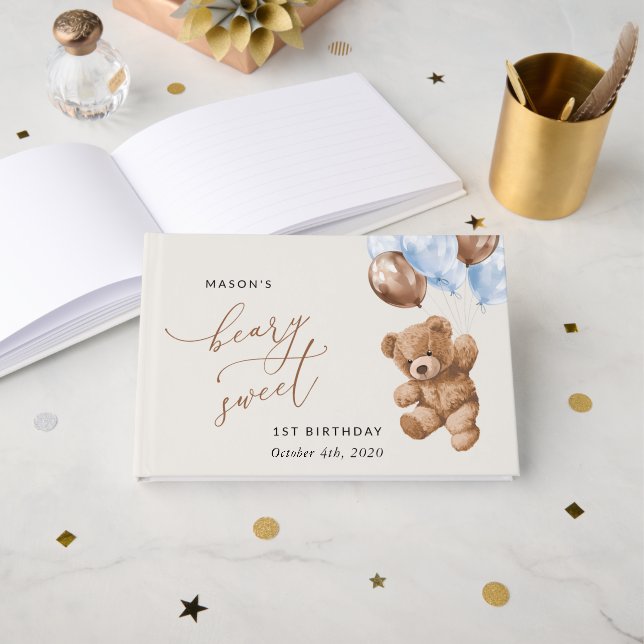 Livro De Visitas Teddy Bear, Balões Azuis, Primeiro Aniversário (Frente aberta)