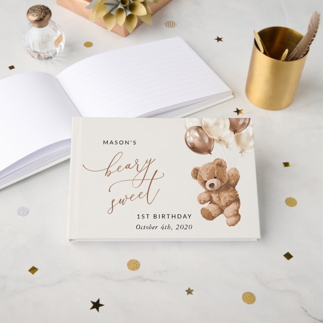 Livro De Visitas Teddy Bear, Balões Marrons, Primeiro Aniversário (Frente aberta)