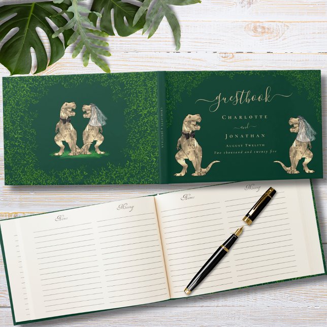 Livro De Visitas Tema Dinossauro Personalizado Verde De Casamento ( Dinosaur bride and groom wedding custom dark green  guest book funny T-Rex dino eucalyptus foliage )