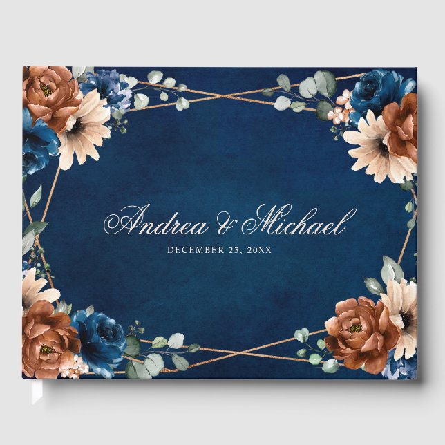 Livro De Visitas Terracotta Marinho Blue Greenery Casamento Geométr (Frente)