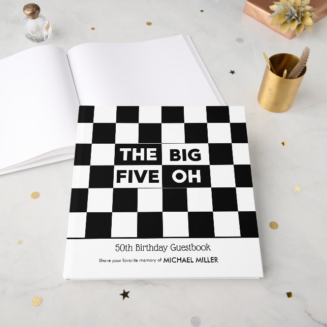 Livro De Visitas The Big 5 Oh Black White Checkered 50th Birthday (Frente aberta)