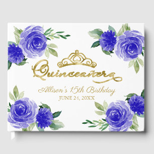 Livro De Visitas Tiaro de Ouro Azul Real Floral Quinceanera