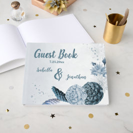 Livro De Visitas tons azuis empoeirados e flores brancas românticas