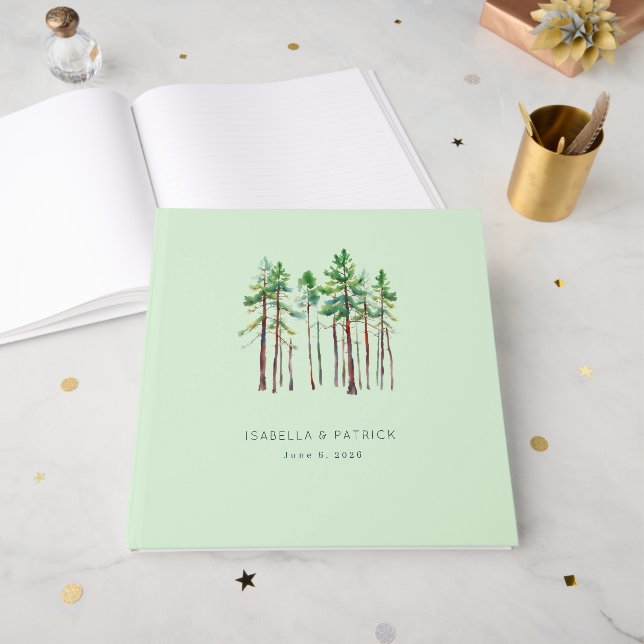 Livro De Visitas Tranquil Mint Watercolor Pine Trees (Frente aberta)