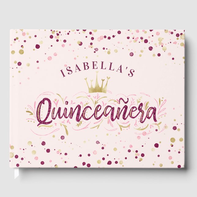 Livro De Visitas Trendy Blush Burgundy e Confetti Quinceañera Doura (Frente)