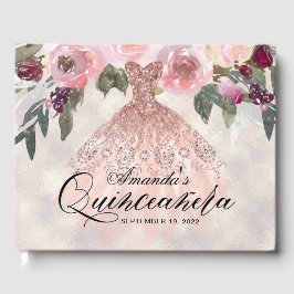 Livro De Visitas Trendy Floral Rosa Dourada Gown Quinceañera