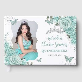Livro De Visitas Turquesa Azul Floral Prata Quinceanera 16 Foto