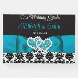 Livro De Visitas Turquesa, Black Damask Love Heart Casamento