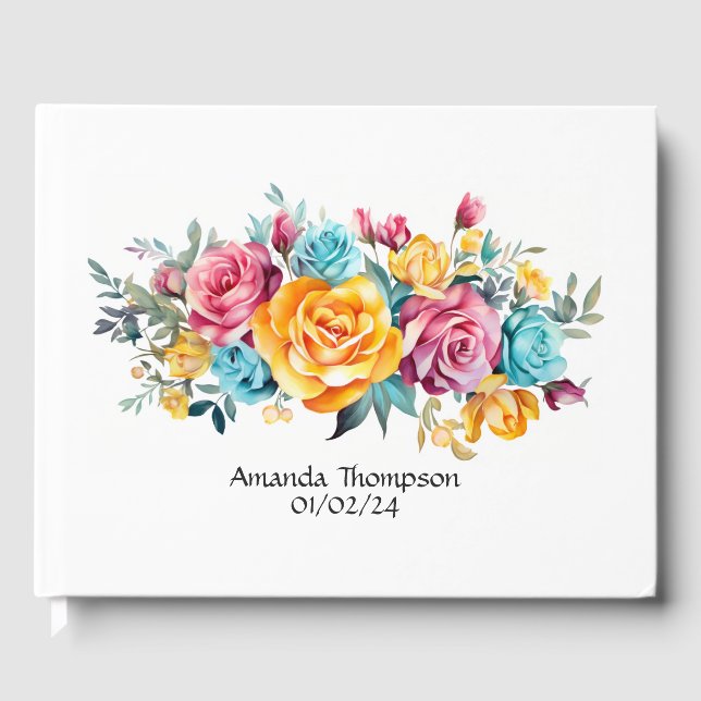 Livro De Visitas Turquesa, Casamento Floral Amarelo-Rosa (Frente)