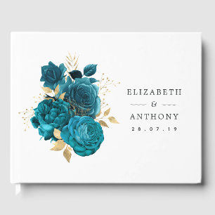 Livro De Visitas Turquesa - Casamento Floral Dourado e Teal