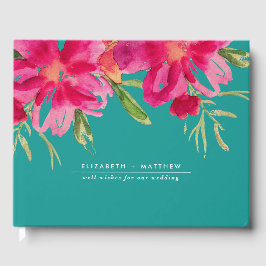 Livro De Visitas Turquesa | Fuchsia Floral Watercolor Casamento