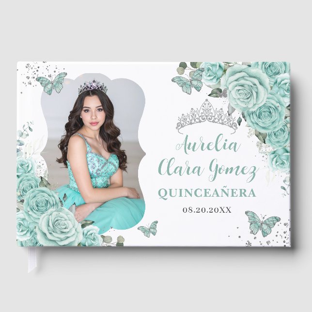 Livro De Visitas Turquoise Blue Floral Silver Quinceanera 16 Photo (Frente)