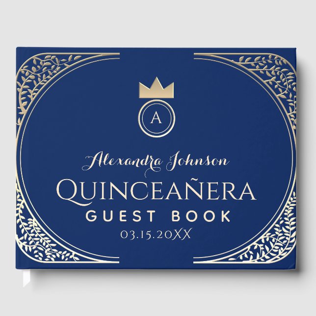 Livro De Visitas Único Elegante Qiunceanera Royal Blue Floral Doura (Frente)