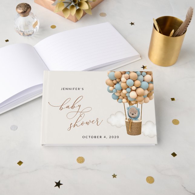 Livro De Visitas Urso, Balões Azuis, Balão de Ar Quente, Chá de fra (Frente aberta)