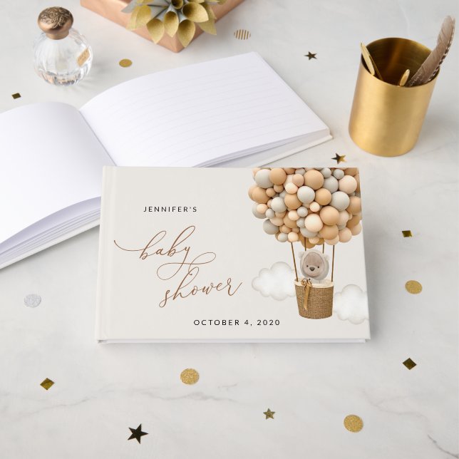 Livro De Visitas Urso, Balões de Beige, Balão de Ar Quente, Chá de  (Frente aberta)