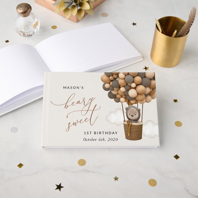 Livro De Visitas Urso Bastante, Balões Marrons, Primeiro Aniversári (Frente aberta)