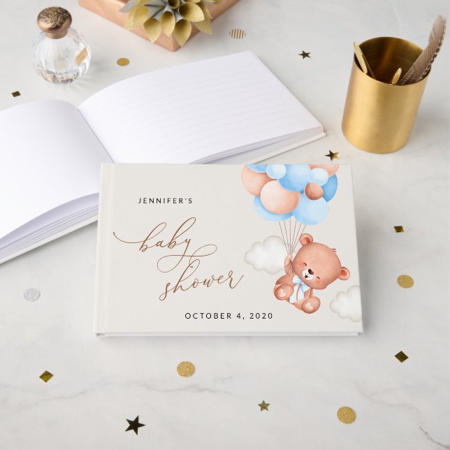 Livro De Visitas Urso Bebê, Urso Teddy, Balões Azuis, Chá de fralda (Frente aberta)