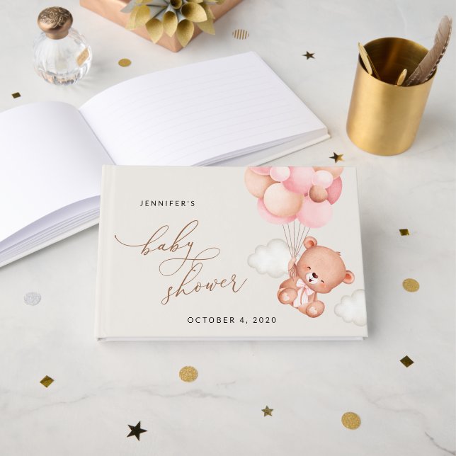 Livro De Visitas Urso Bebê, Urso Teddy, Balões Rosa, Chá de fraldas (Frente aberta)