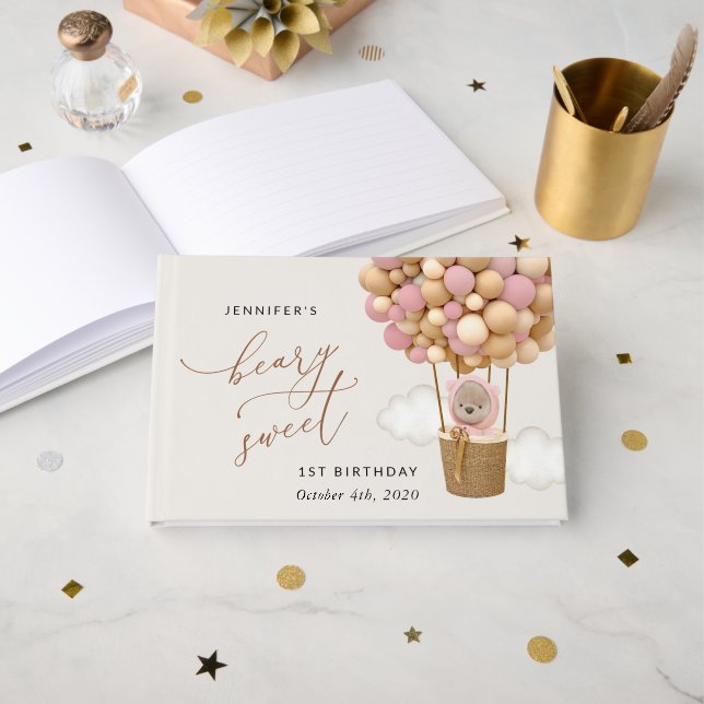 Livro De Visitas Urso Bonito, Balões Rosa, Primeiro Aniversário (Frente aberta)
