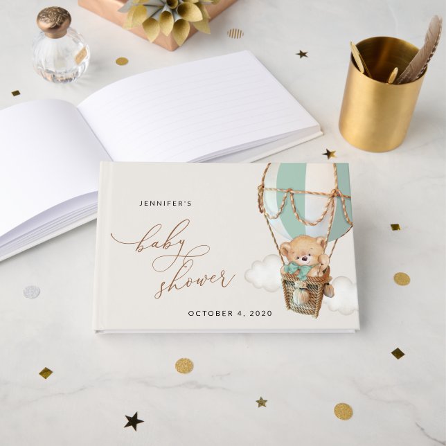 Livro De Visitas Urso de Pelúcia, Balão de Ar Quente Verde, Chás de (Frente aberta)