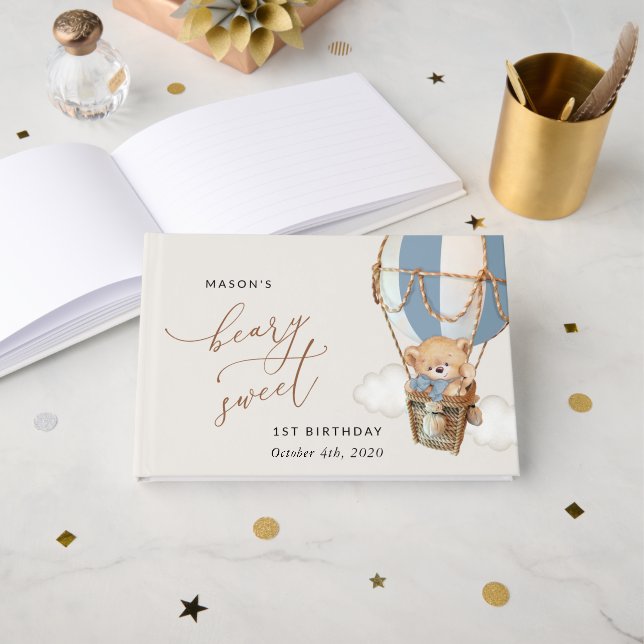 Livro De Visitas Urso de Teddy, Balão de Ar Quente Azul, Primeiro A (Frente aberta)